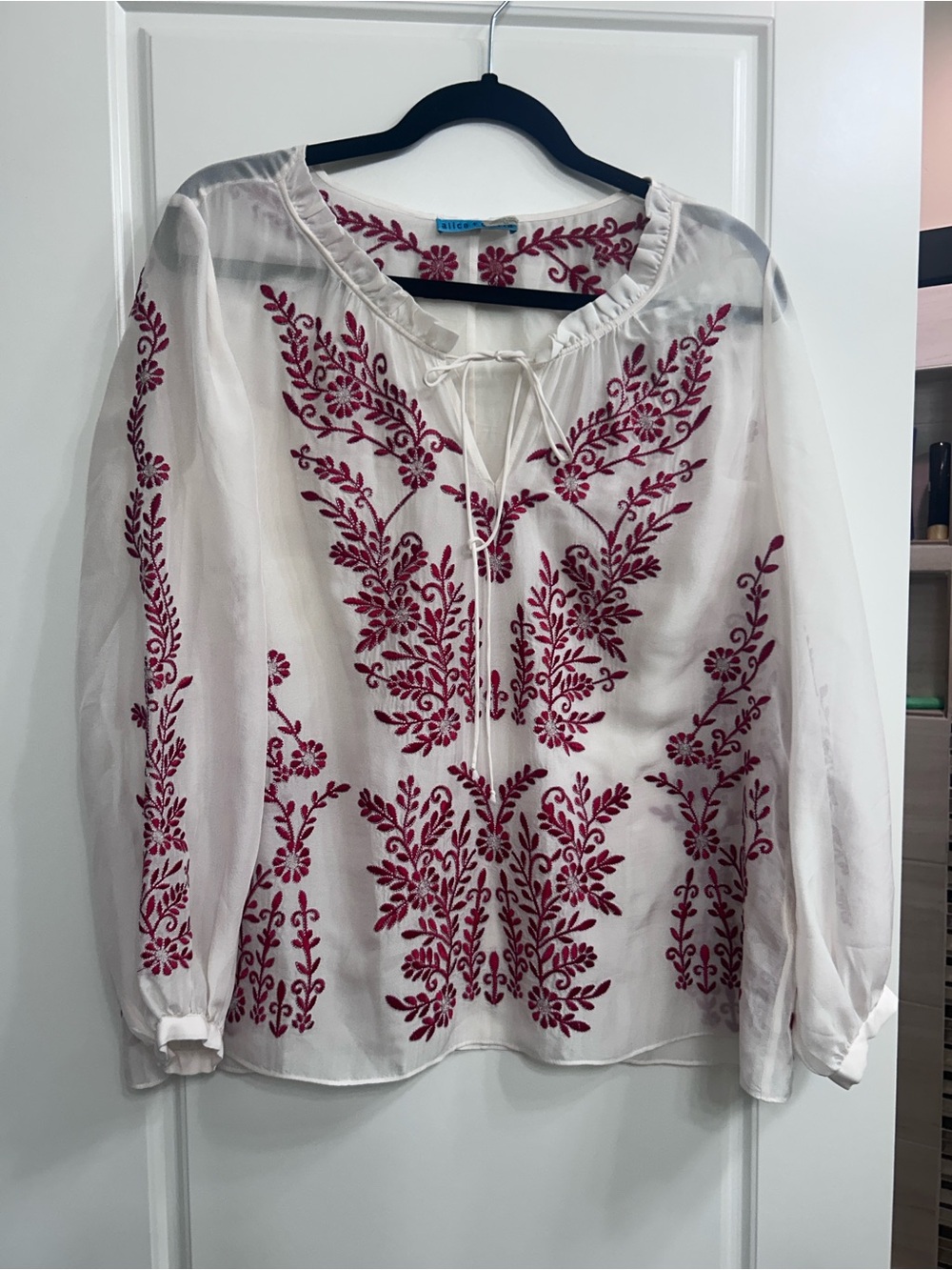 Alice + Olivia White Tunic with Crimson Floral Embroidery